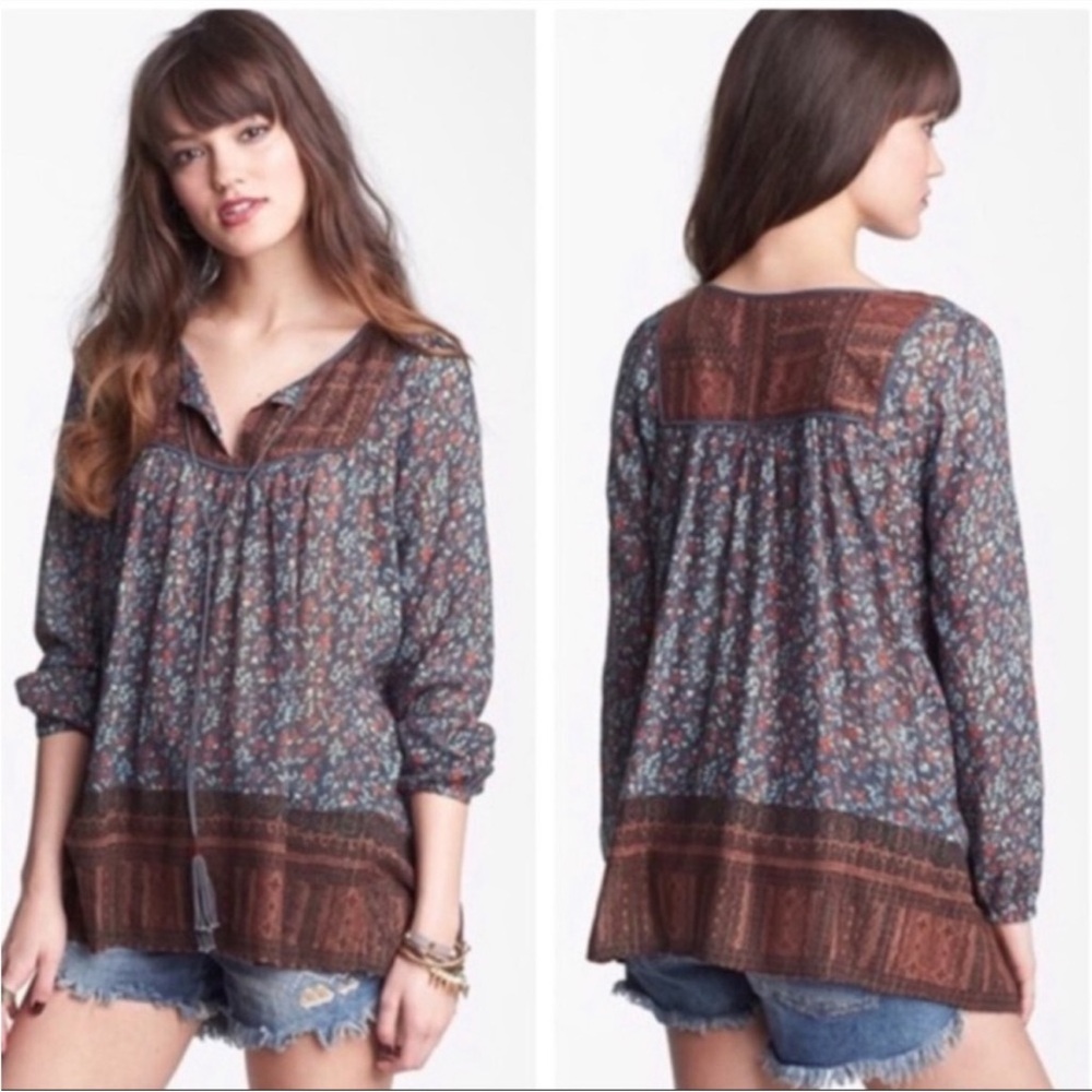 Free People Dream Lovers Tunic Navy Brown Floral metallic Medium Boho Festival